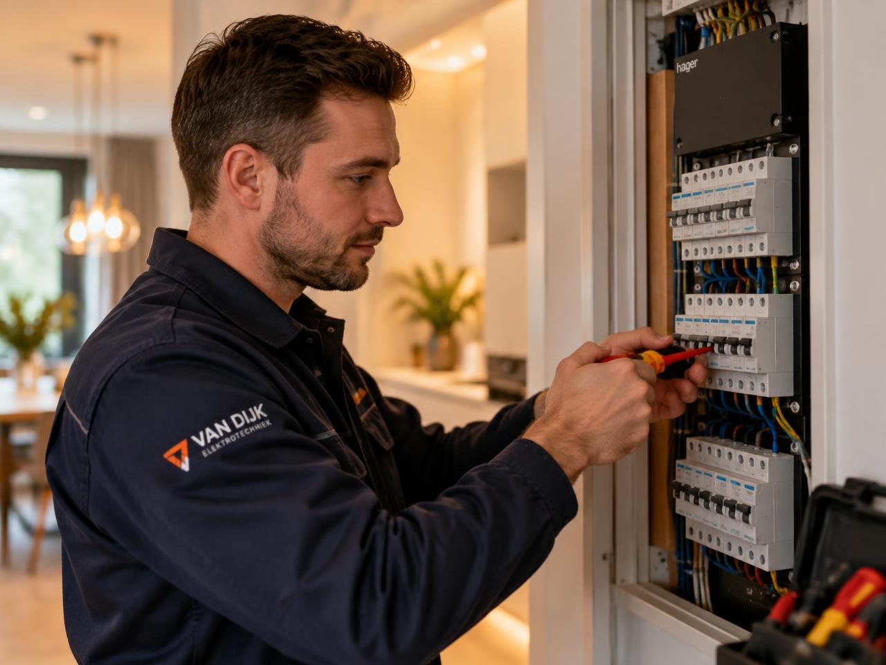 Elektricien installeert een nieuwe groepenkast in een woning